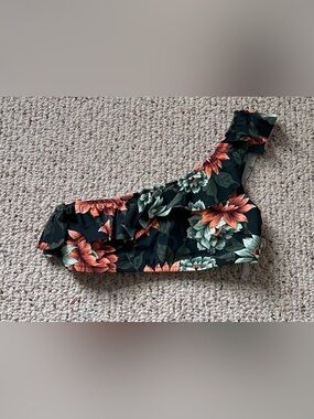 Cupshe Dark Green Bikini Top with Black & Coral Accents L